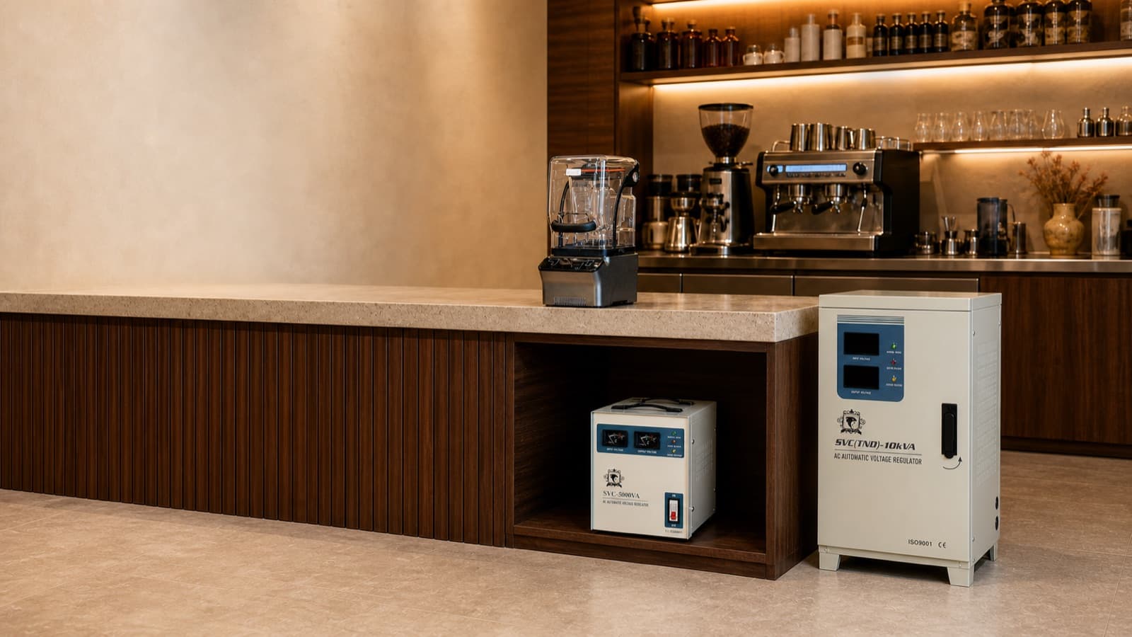 Brewmaster blender and voltage regulators on a café bar