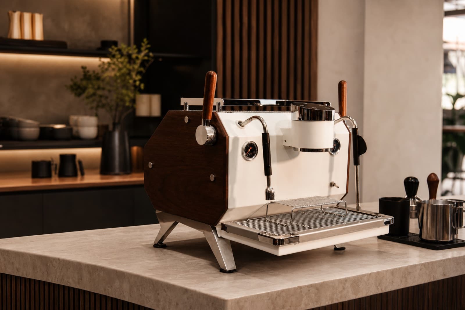 White and wood BRWMSTR Pro 1.5 espresso machine in a café