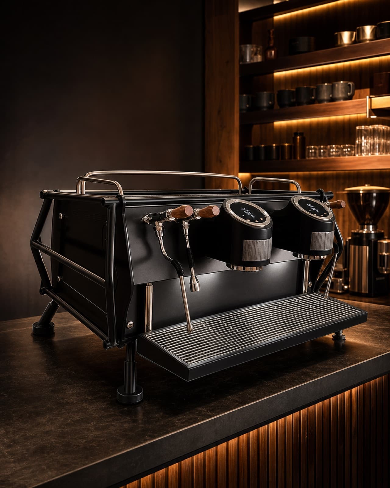 BRWMSTR Race 2 espresso machine on a café counter